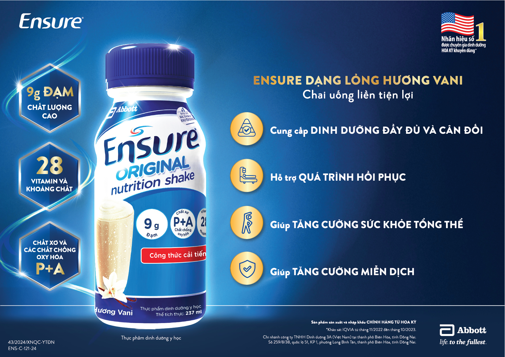 Ensure Original Vanilla 4 lốc x 6 chai 237ml ABBOTT Mỹ